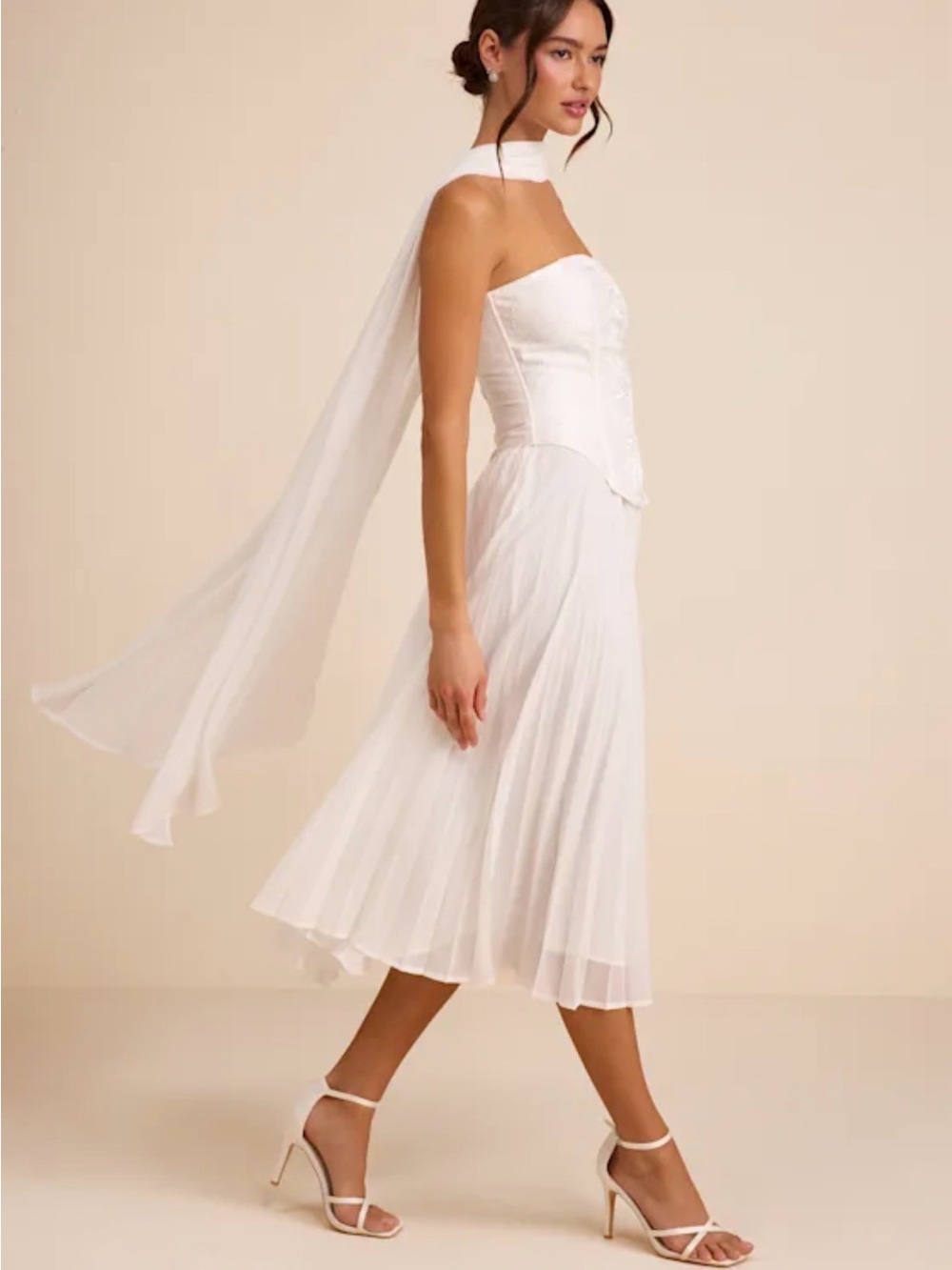 Lulus Laubrey White Floral Jacquard Midi Dress and Scarf Set Size Small Bridal